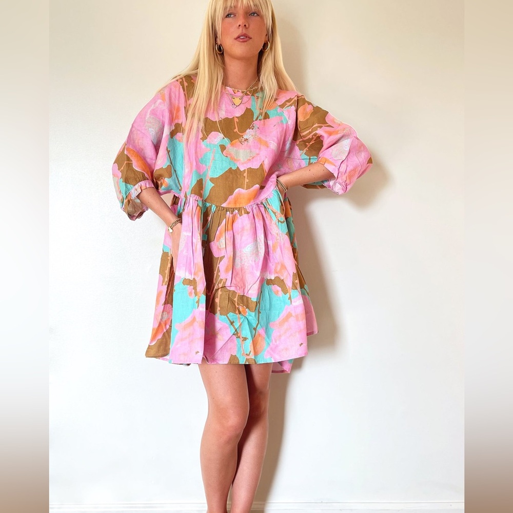 Floral Pink and Brown Mini Dress - Picture 3 of 9